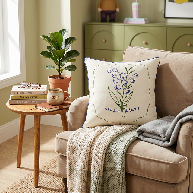 embroidered lily pillow on velvet sofa with potted plant