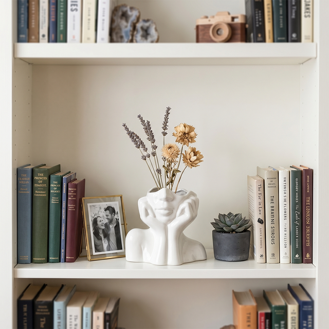 face vase with dried flowers on bookshelf