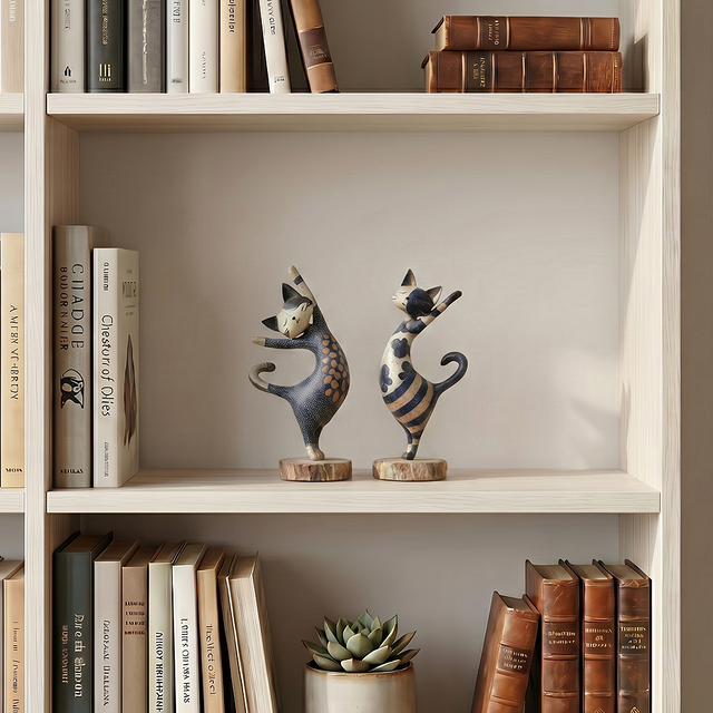 figurines standing cats on white shelves books