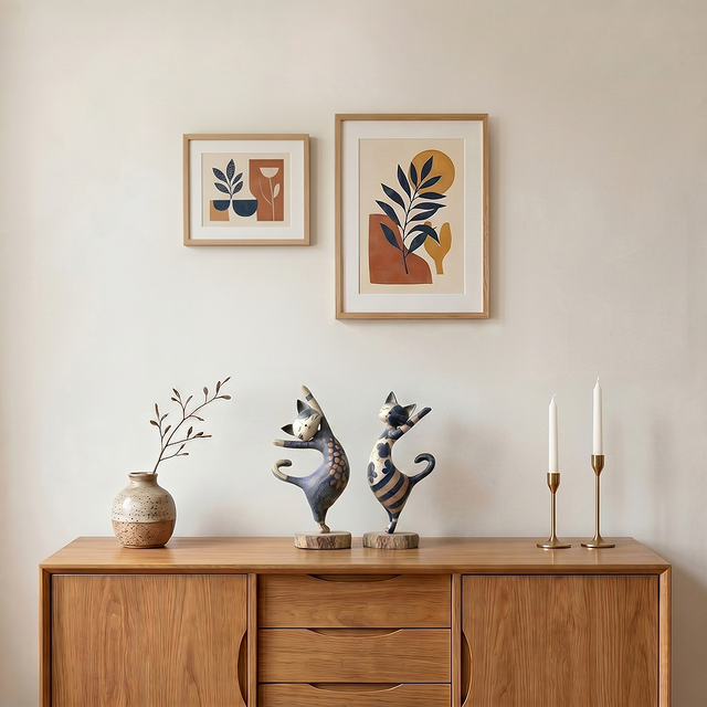 figurines standing cats on wooden cabinet