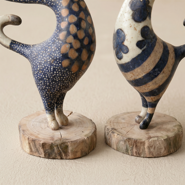 figurines standing cats wooden base detail