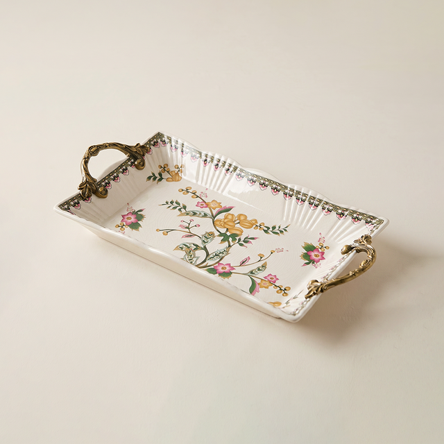 floral rectangular tray with handles