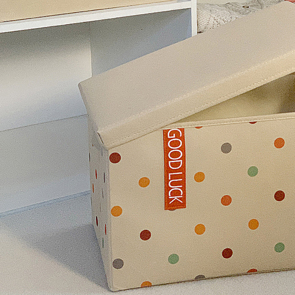 foldable colorful storage box with a lid beige with colorful dots details