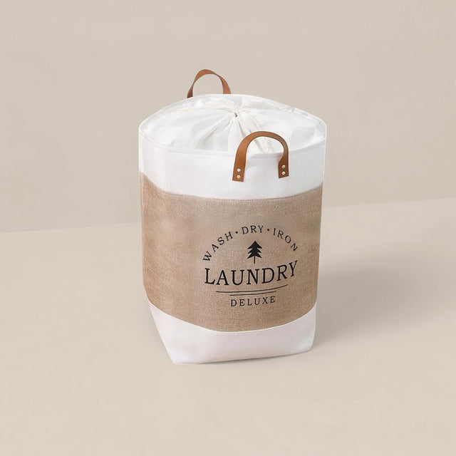 foldable handheld laundry basket with a drawstring closure