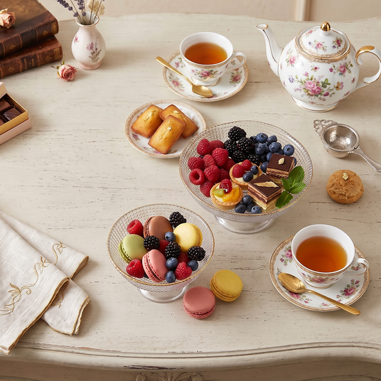 glass bowl with desserts on table