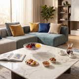 glass fruit bowl on living room coffee table