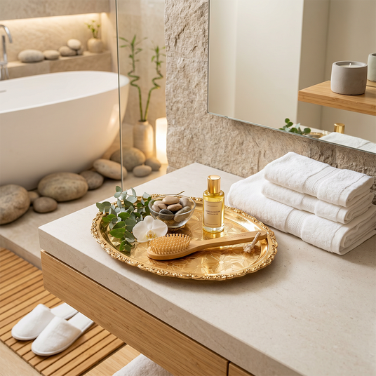 gold tray on kitchen counter with bowl