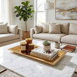 gold tray with coffee on coffee table