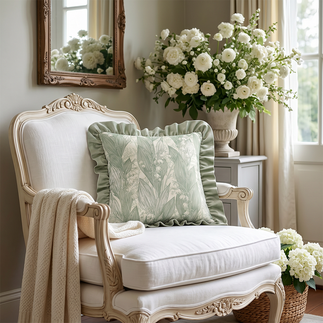 green ruffle pillow on french provincial chair