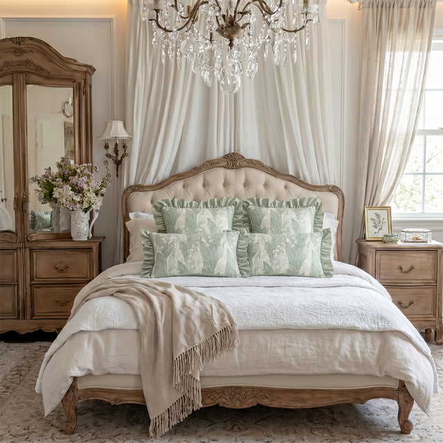 green ruffle pillows on vintage bed with crystal chandelier