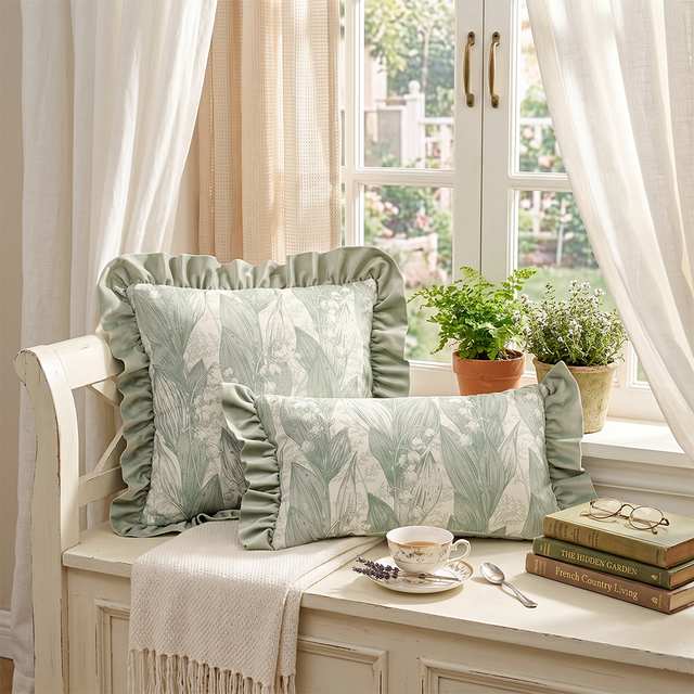 green ruffle pillows on window seat with tea