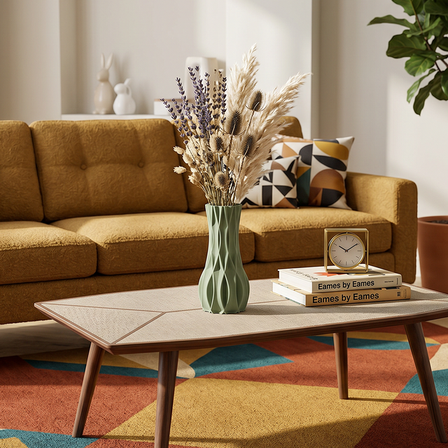 green vase with dried flowers on coffee table