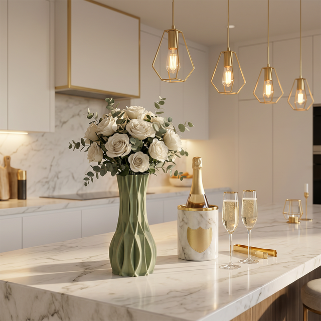 green vase with white roses on kitchen island