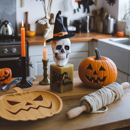 halloween wooden pumpkin shaped tray in the kitchen 