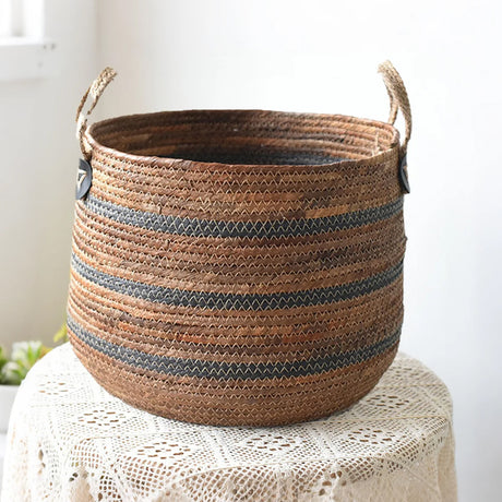handwoven banana rope storage basket with two handles