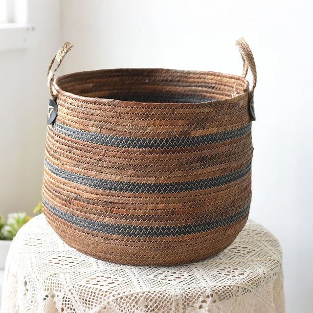 handwoven banana rope storage basket with two handles