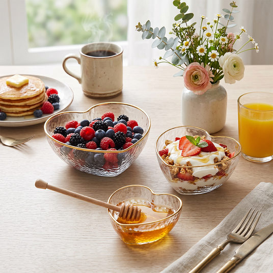 heart shaped glass bowl with breakfast on table