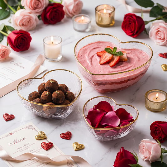 heart shaped glass bowls with desserts and roses