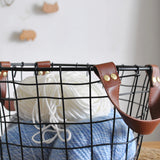 iron wire black laundry storage basket with leather handles details