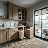 large gray foldable laundry basket with easy carry handles in the kitchen