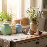 leaf bird sculptures on kitchen counter with jars