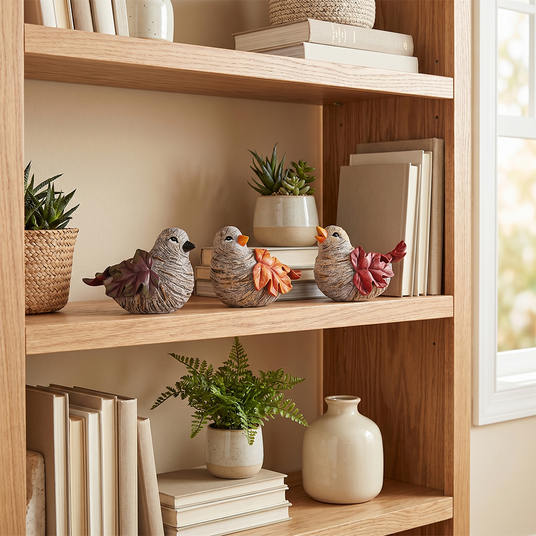 leaf bird sculptures on wooden bookshelf
