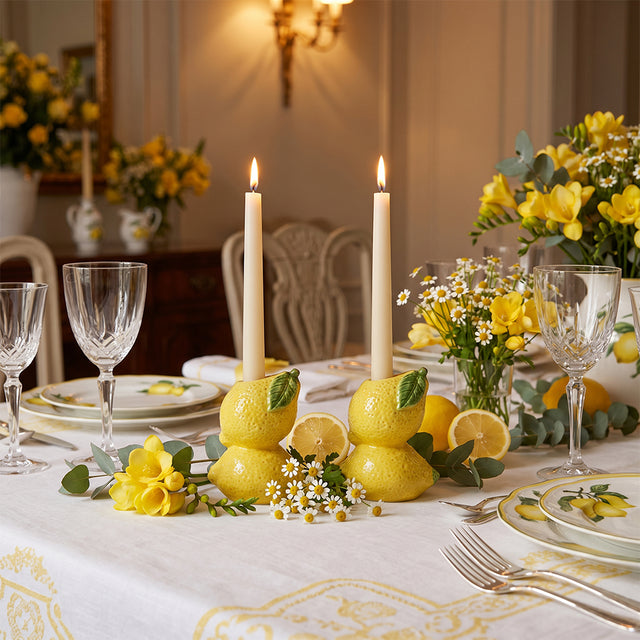 lemon candle holders on floral banquet table
