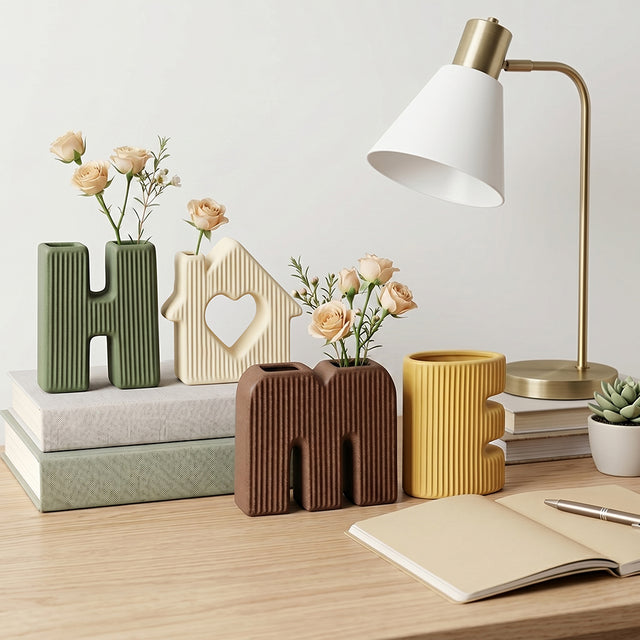 letter vases with roses on desk with lamp