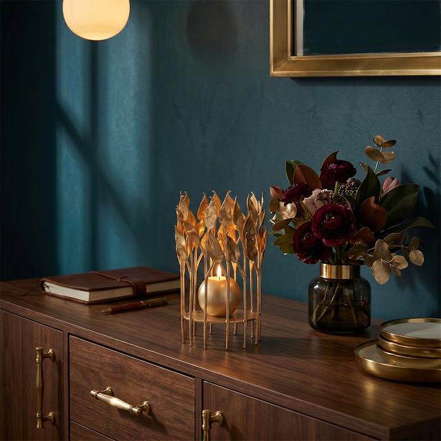 lit gold leaf candle holder on wooden cabinet