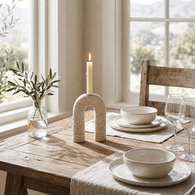 lit stone arch candle holder on dining table
