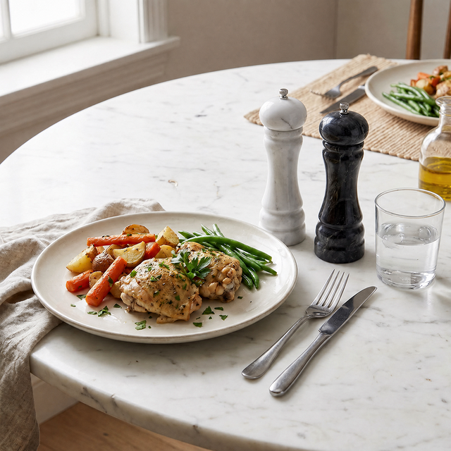 marble salt and pepper mills on dining table with meal