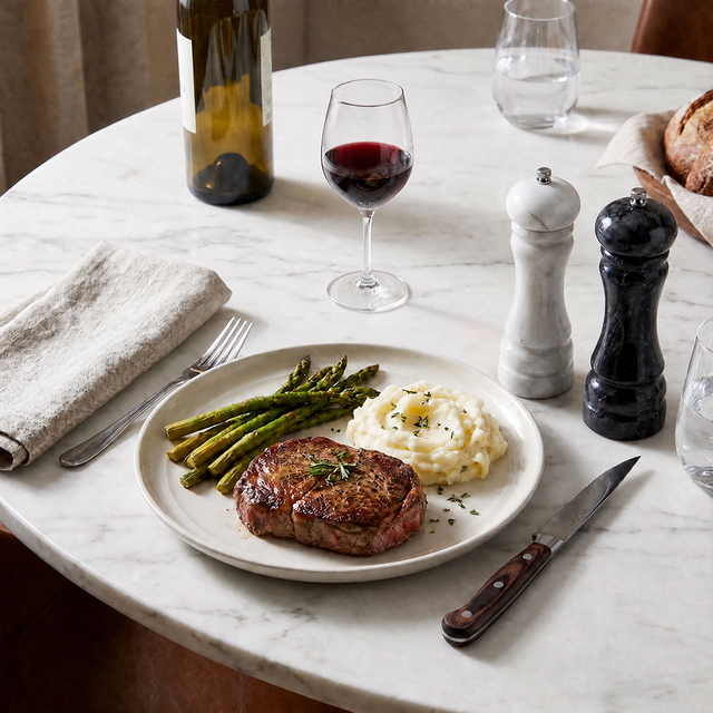marble salt and pepper mills with steak dinner