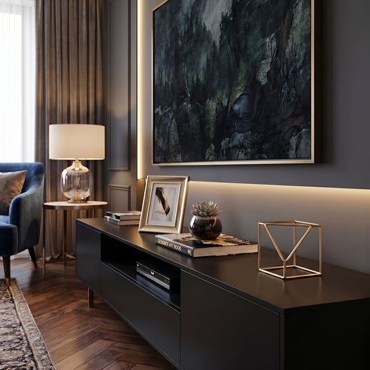 metal cube decor on console table
