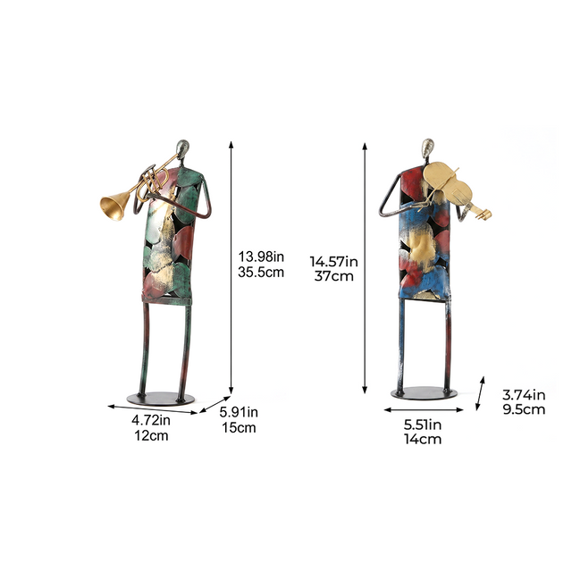 metal musician figurines with dimensions annotated