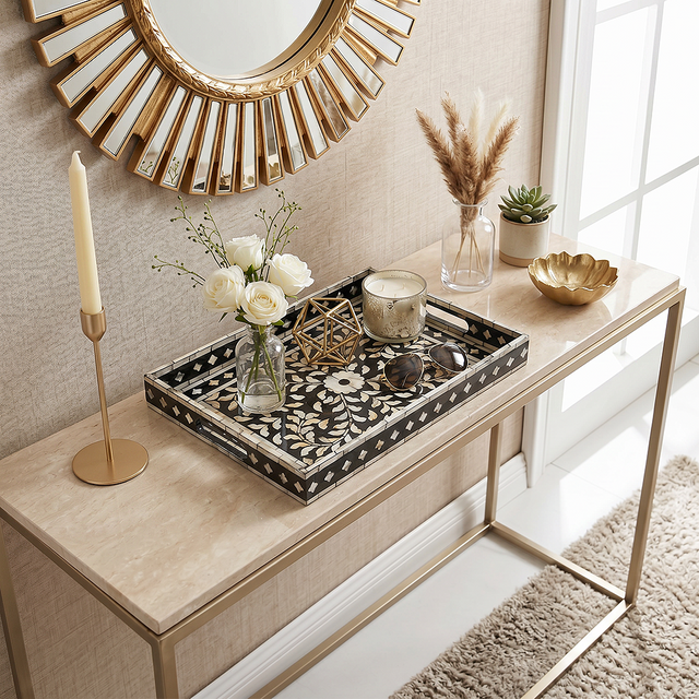 mosaic tray with candle and vase on console