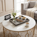mosaic tray with flowers and books on coffee table