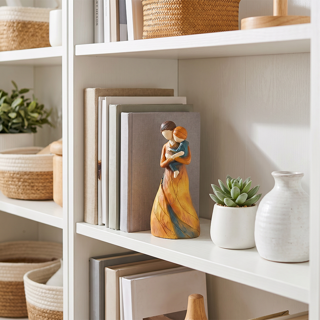 mother child figurine on bookshelf with plants