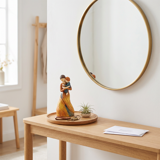 mother child figurine on entryway console table