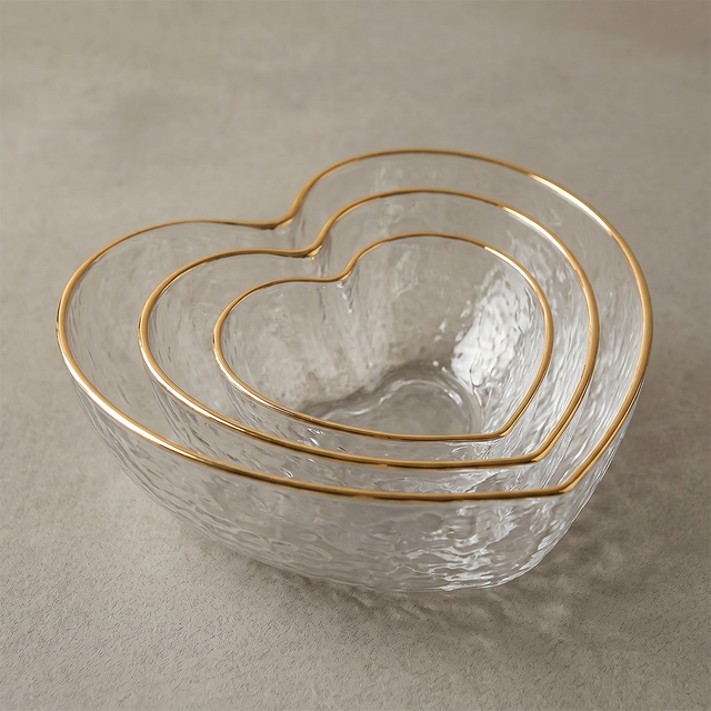 nested heart shaped glass bowls