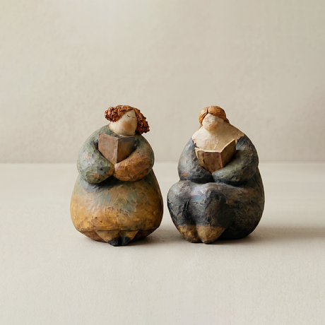 pair of pebble figurines on plain background