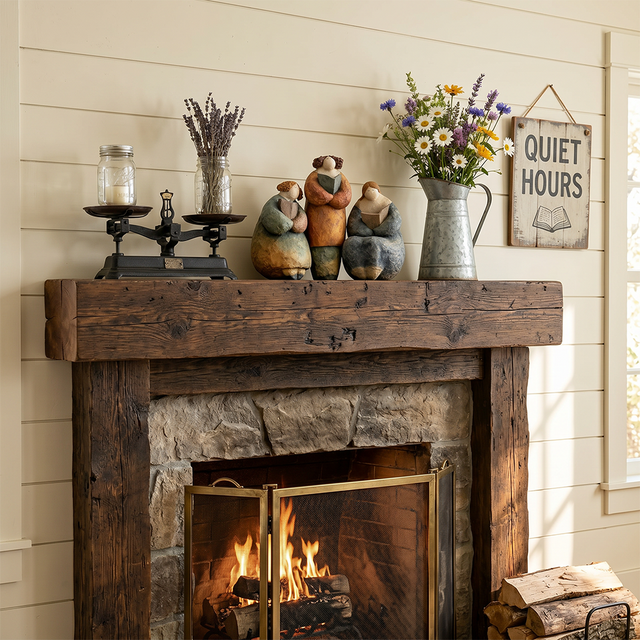 pebble figurine by stone fireplace