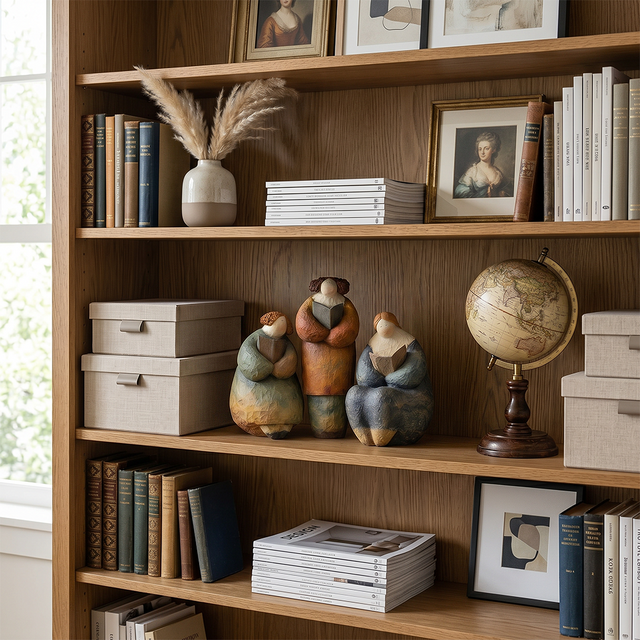 pebble figurine on bookshelf with books