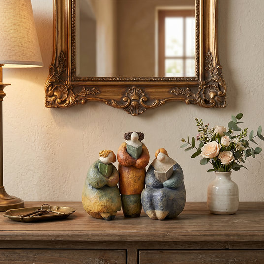pebble figurine on console with mirror