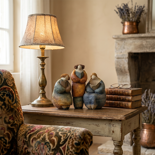 pebble figurine on side table with lamp