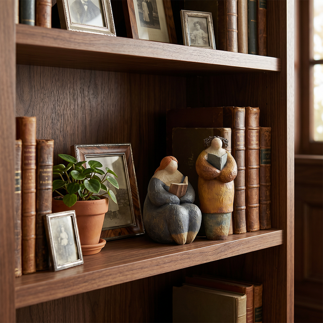 pebble figurines on bookshelf with books