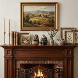 pebble figurines on fireplace mantel