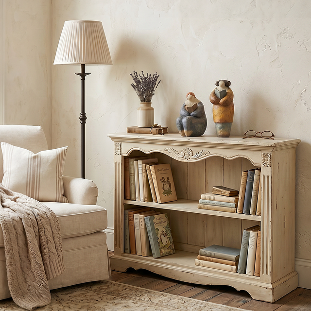 pebble figurines on shelf with mirror
