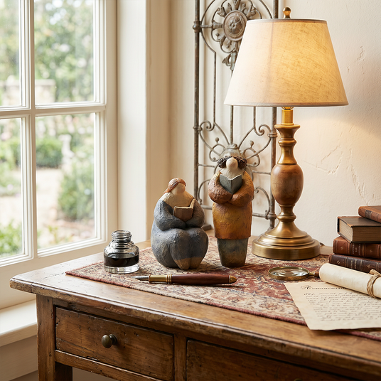 pebble figurines on table by window