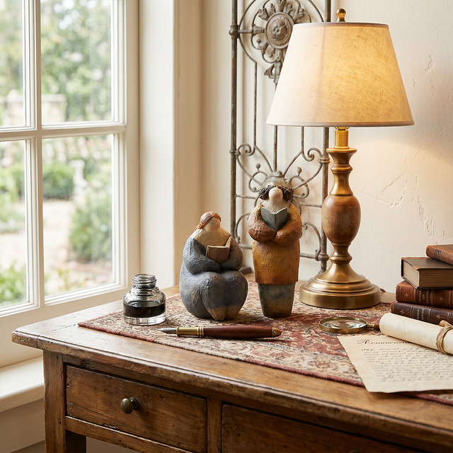 pebble figurines on table by window