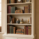 pebble figurines on white bookshelf